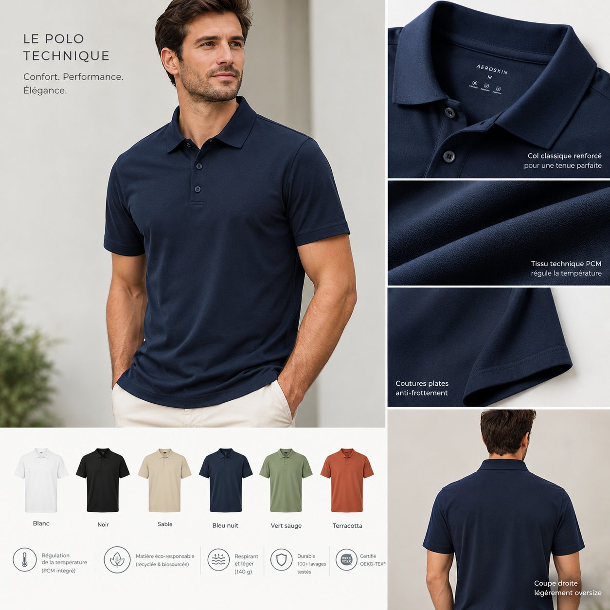 AEROSKIN – Polo Technique PCM Premium 👕✨ Nom commercial complet : AEROSKIN Polo Thermorégulateur Unisexe Slogan : « Con